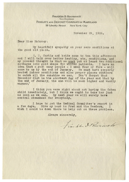 Franklin D. Roosevelt Letter Signed From 1926, With Full ''Franklin D. Roosevelt'' Signature -- FDR Writes His Polio Therapist Helena Mahoney Shortly After the Launch of the Warm Springs Institute